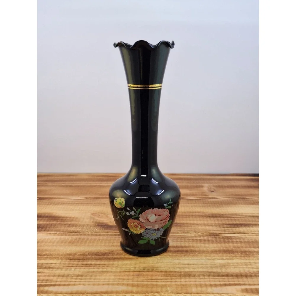 Vintage Opaque Black Dark Purple Glass Bud Vase 8